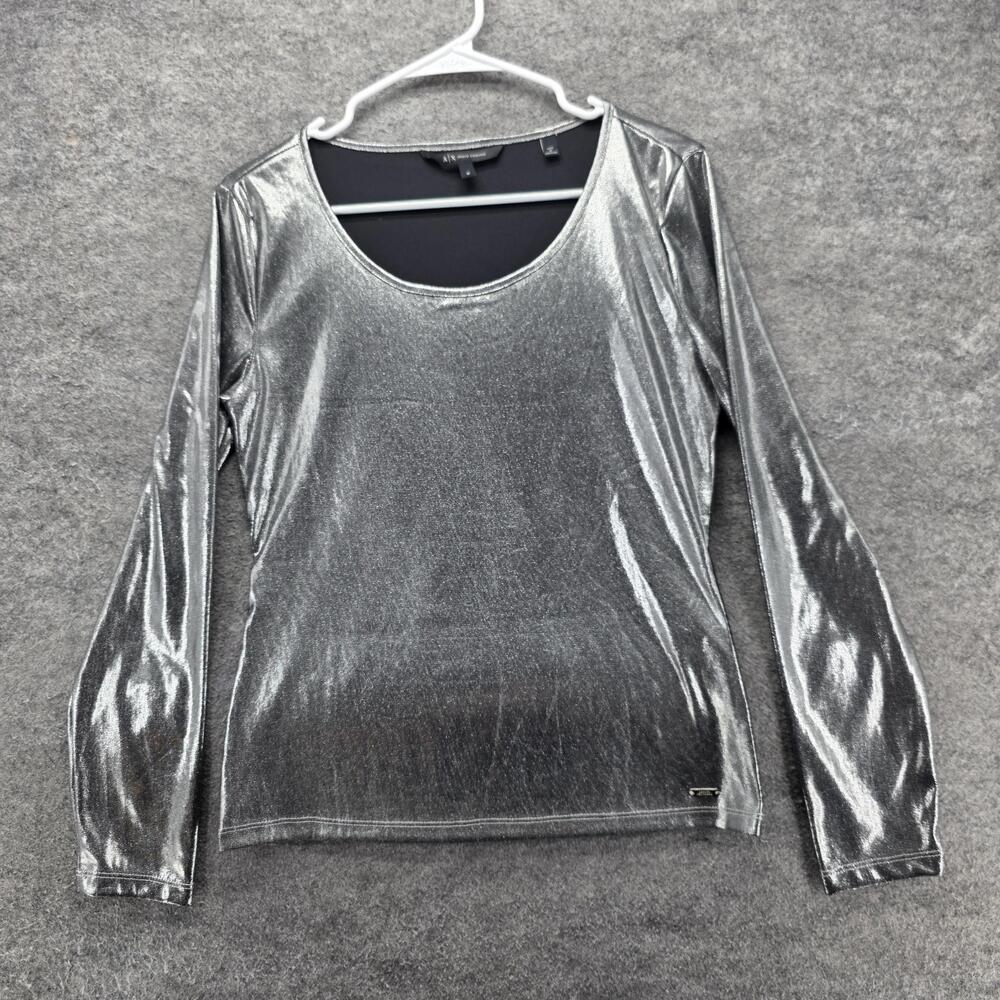 Armani Exchange Shirt Womens M Silver Scoop Neck Long Sleeve Jersey Stretch